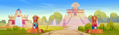 Piramit ve heykeli olan Aztek şehri