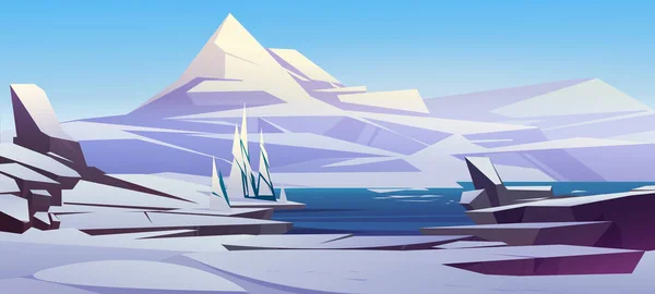 Paisaje nórdico con montañas, nieve y mar — Vector de stock