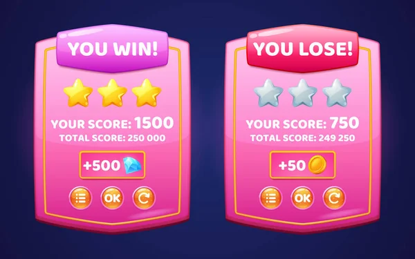 Juego ui interfaz rosa tableros con ganar y perder — Vector de stock