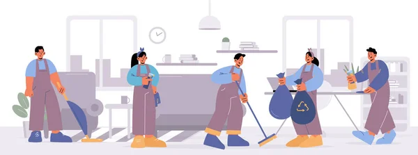 Το προσωπικό καθαριότητας εργάζεται στο σαλόνι — Διανυσματικό Αρχείο