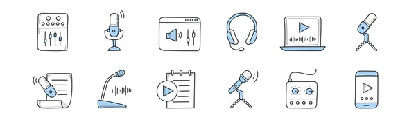 Podcast doodle εικονίδια με μικρόφωνο, ακουστικά — Διανυσματικό Αρχείο
