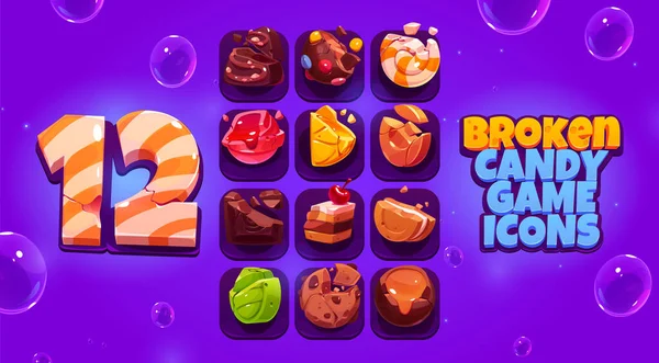 Brutna godis spel ikoner, tecknad krossade sötsaker — Stock vektor