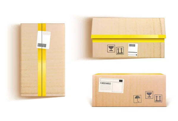 Картонные коробки 3d векторный макет, груз или посылка — стоковый вектор