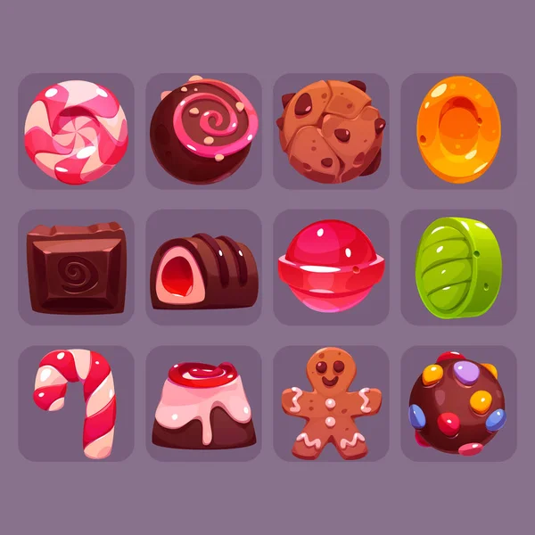 Caramelo juego iconos de dibujos animados vector ui dulces conjunto — Archivo Imágenes Vectoriales