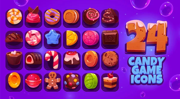 Candy juego iconos conjunto grande, dibujos animados vector dulces — Vector de stock