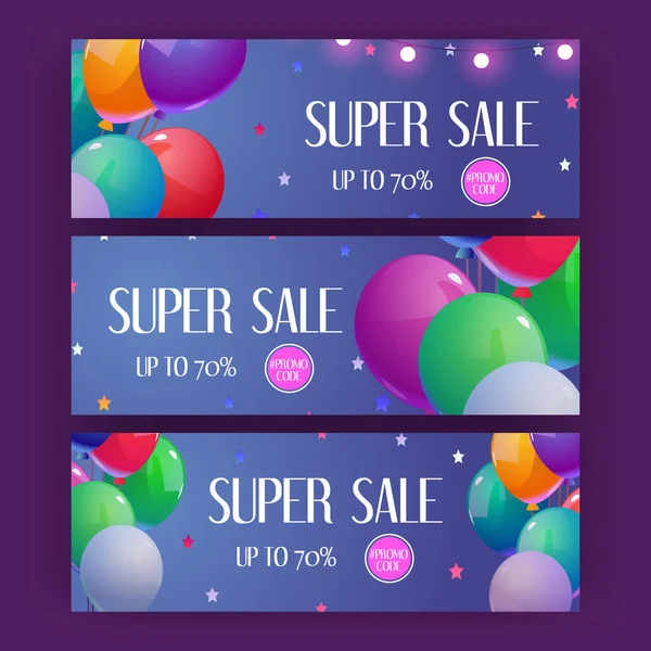 Super prodejní transparenty s balónky a hvězdami — Stockový vektor