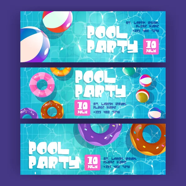 Pool party cartoon banners, summer background — Stock Vector