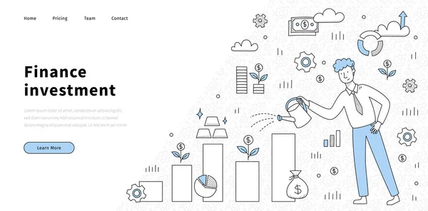 Finance investment doodle landing page, money grow — Stock Vector