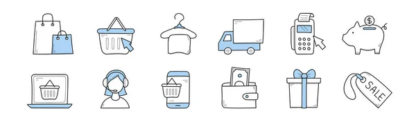 Ηλεκτρονικό εμπόριο, online κατάστημα πώληση doodle icons — Διανυσματικό Αρχείο