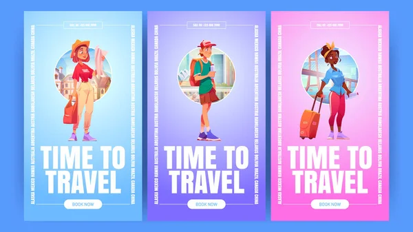 Tiempo para viajar pancartas con turistas con maleta — Vector de stock