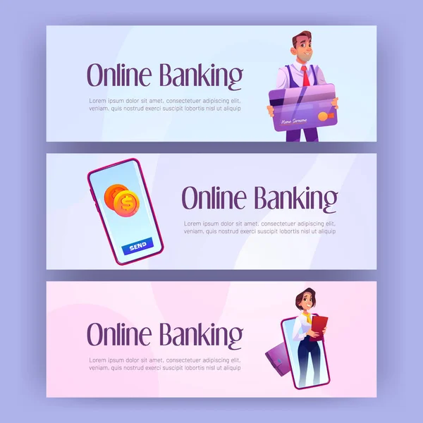 Online banking banners with bank app on phone — Stock Vector