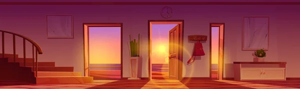 Huis hal met uitzicht op zee strand bij zonsondergang — Stockvector