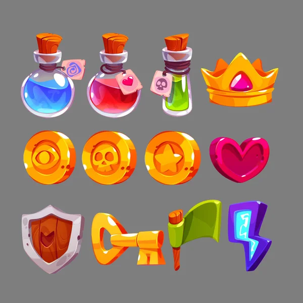 Iconos de juego con pociones, corona de oro, corazón, monedas — Vector de stock