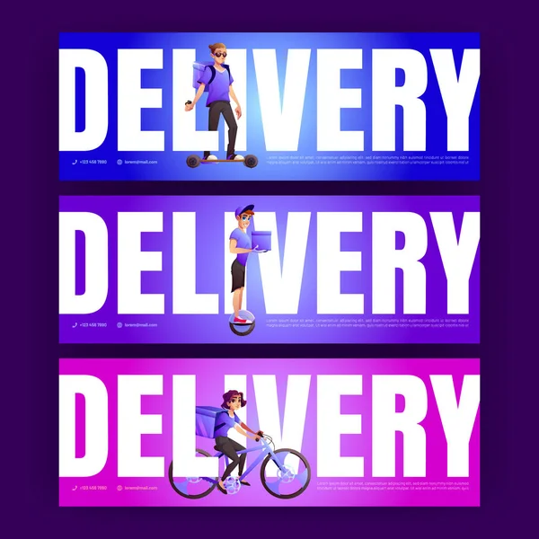 Cartazes de entrega com correios em bicicleta e skate — Vetor de Stock