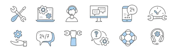 Icone doodle dell'assistenza clienti, servizio helpdesk — Vettoriale Stock