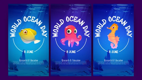 Wereld oceaan dag posters met onderwater dieren — Stockvector