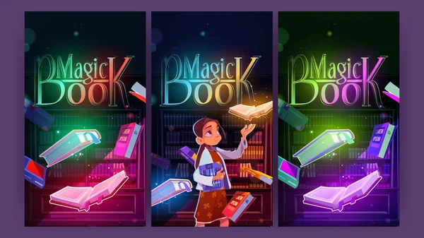 Cartazes de desenhos animados de livro mágico, menina na biblioteca noturna — Vetor de Stock