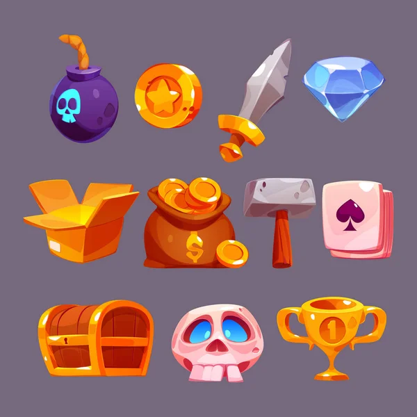 Ícones do jogo com bomba, espada, copo de ouro, crânio, moeda —  Vetores de Stock