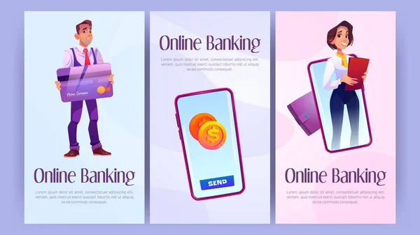 Online banking cartoon posters, money services — Stock Vector