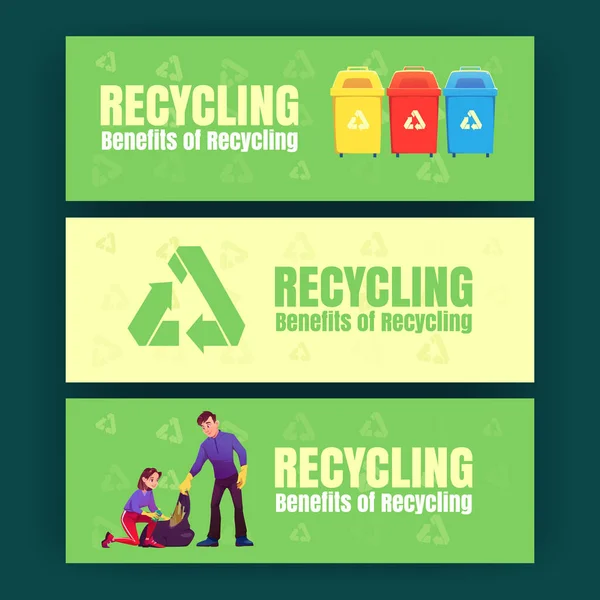Plakaty ekologiczne z koszami na śmieci, znak recyklingu — Wektor stockowy