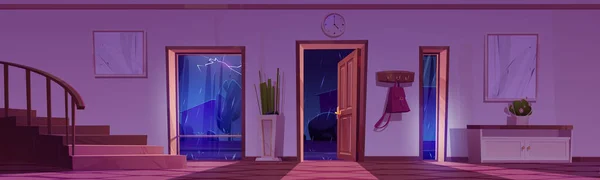 Casa pasillo interior con tormenta, tiempo lluvioso — Vector de stock