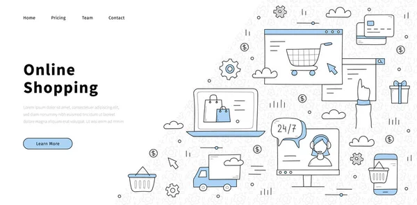 Shopping en ligne doodle page d'accueil, vente internet — Image vectorielle