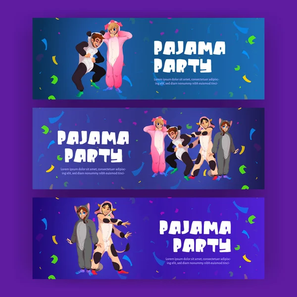Pajama party posters with happy people in kigurumi — Stock Vector