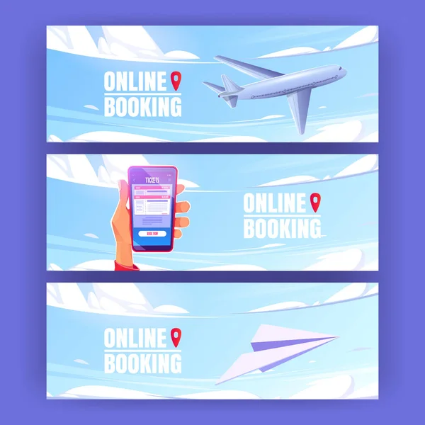 온라인으로 포스터에 비행기와 휴대 전화를 설치하는 모습 — 스톡 벡터