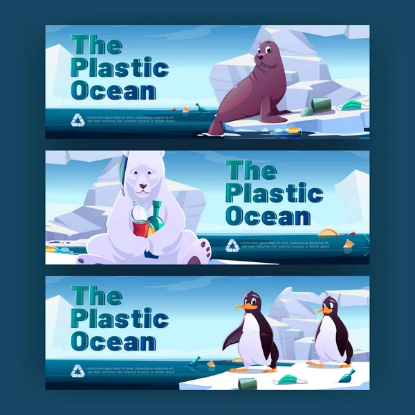 Ocean plast föroreningar tecknad banderoller flygblad som — Stock vektor