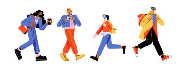 Şehir caddesinde yürüyen çeşitli insanlar.