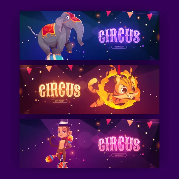 Circo mostrar banners de desenhos animados com animais artistas —  Vetores de Stock