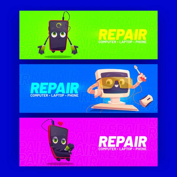 Gadgets servicio de reparación de dibujos animados anuncio pancartas conjunto — Vector de stock