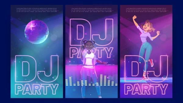 Dj party cartoon invitation posters, dancing fest — Stock Vector