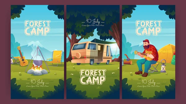 Floresta acampamento desenhos animados cartazes convite., turismo — Vetor de Stock