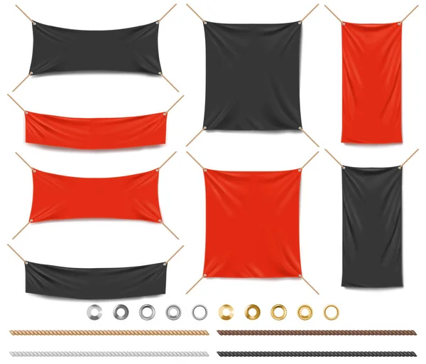 Bandeiras de vinil 3d vetor mockup, lona vermelha preta — Vetor de Stock