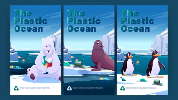 Plastik-Banner mit Tieren und Müll — Stockvektor