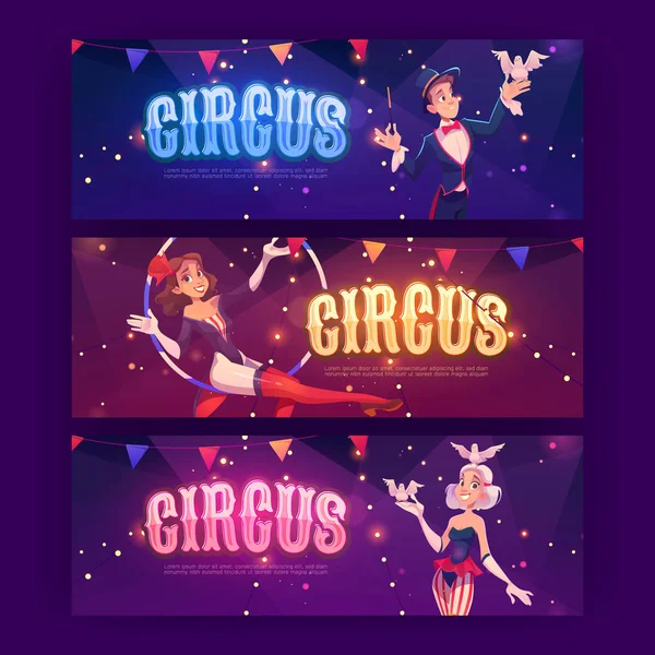 Circus posters met goochelaar, luchtturner — Stockvector