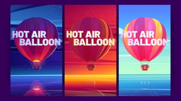 Carteles con globo aerostático en la noche, puesta de sol, día — Vector de stock