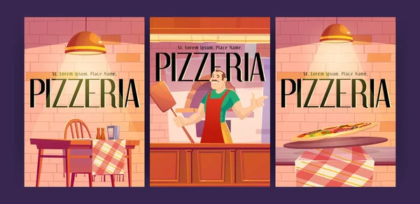 Плакати для реклами піцерії з пекарем тримають лопату для піци. — стоковий вектор