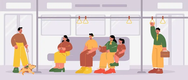 Persone alla metropolitana treno interno auto, passeggeri — Vettoriale Stock
