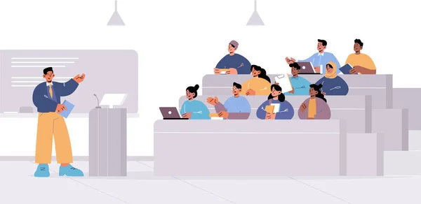 Students in lecture hall with teacher, education — Stock Vector