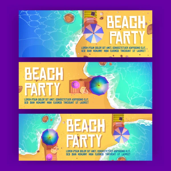 Beach party posters with summer sea shore top view — Stock Vector