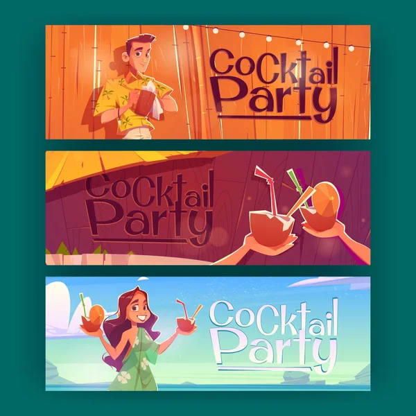 Cocktail party flyers with woman holding coconuts — Stock Vector