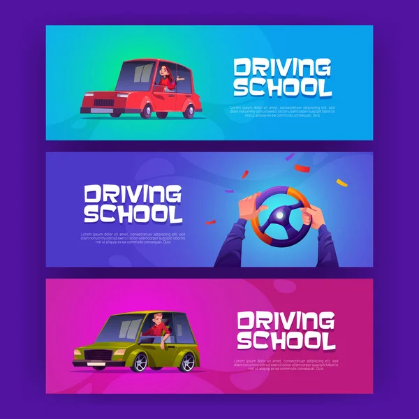 Affiches de l'école de conduite avec des gens dans les voitures — Image vectorielle