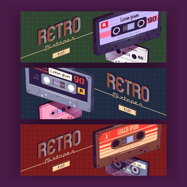 Retro mixtapes banners de desenhos animados com cassete de áudio — Vetor de Stock