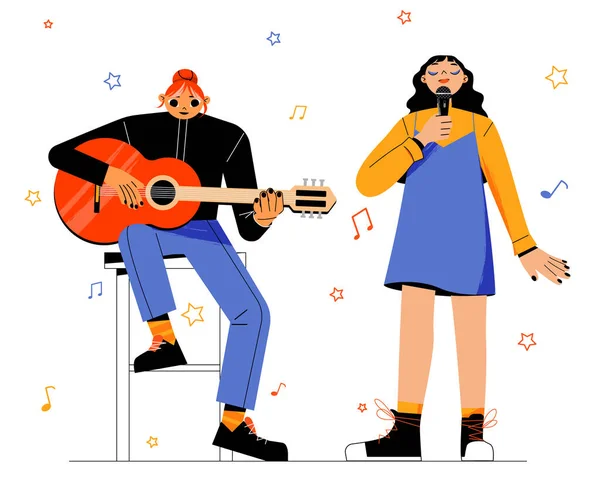 Группа девочек с певцом и музыкант с гитарой — стоковый вектор