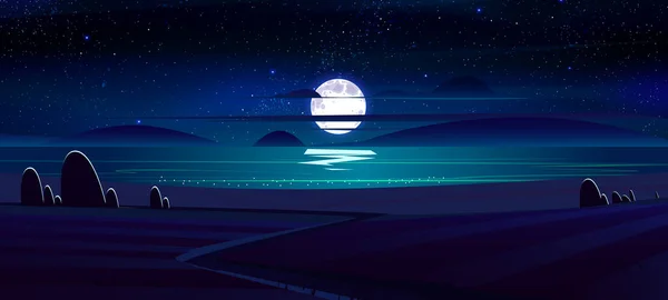 Paisaje nocturno con prado, campo rural y carretera — Vector de stock