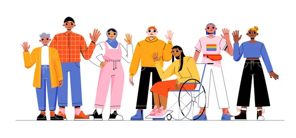 Personnes multiraciales, fille en fauteuil roulant, lgbt — Image vectorielle