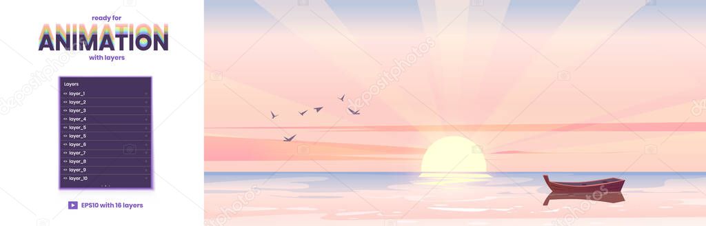 Parallax background with boat in sea at sunrise