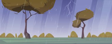 Yaz yağmuru karikatür manzarası, fırtına, şimşekler